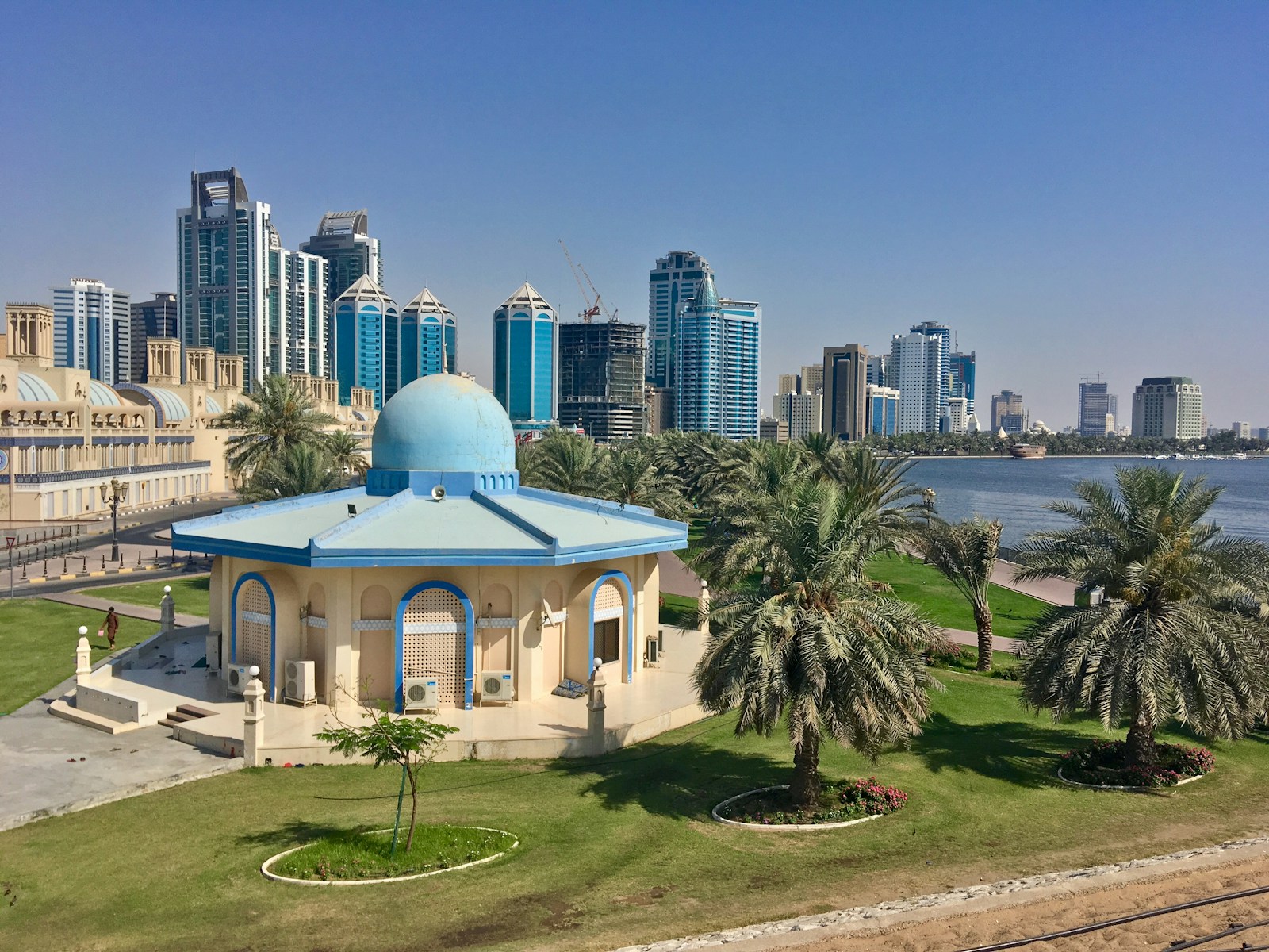 Central Souq Mosque and Sharjah waterfront skyline, United Arab Emirates