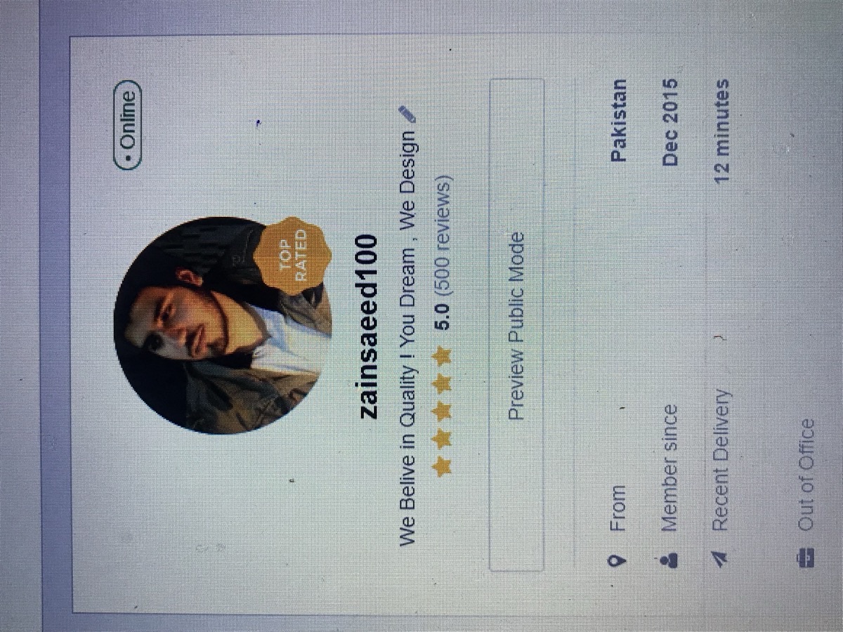Fiverr profile showing zainsaeed100 with 5.0 stars and 500+ reviews as a Top Rated Seller